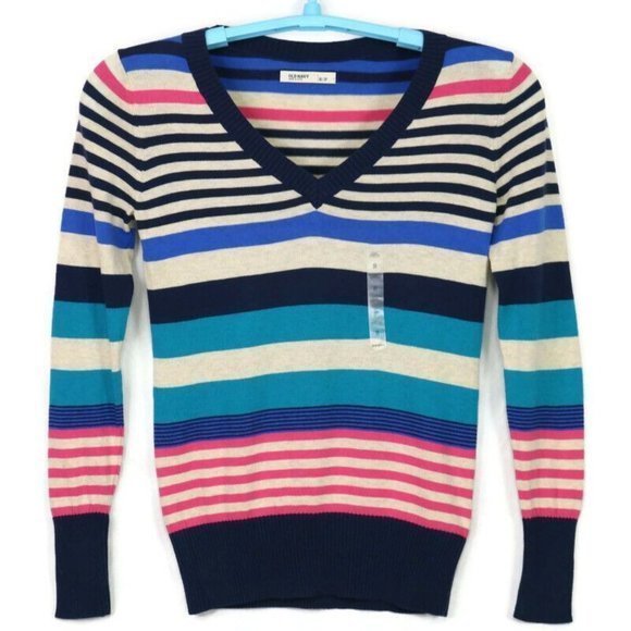 Old Navy Sweater V-Neck Blue Pink Striped Long Sleeve S‎ Small - Picture 1 of 12